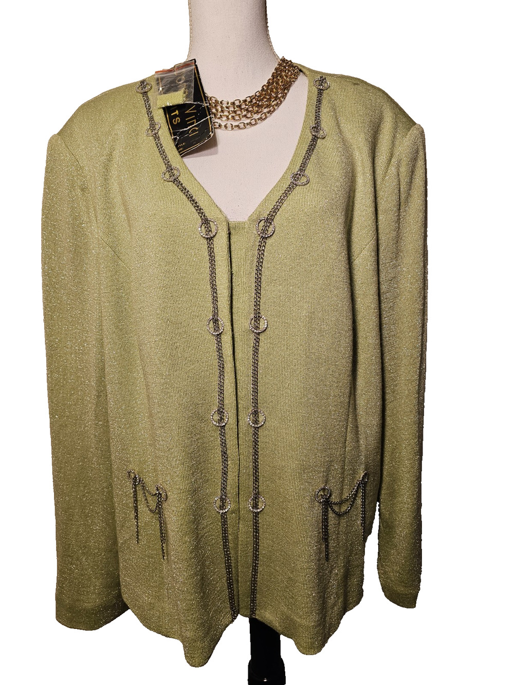 NWT Donna Vinci Knits Cardigan Jacket Woman Size 24 Green Silver Metallic Thread